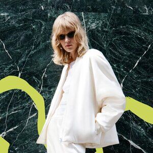 New Mango Selection Collection Quilted Satin Ecru Bomber Jacket 57006024 Med NWT